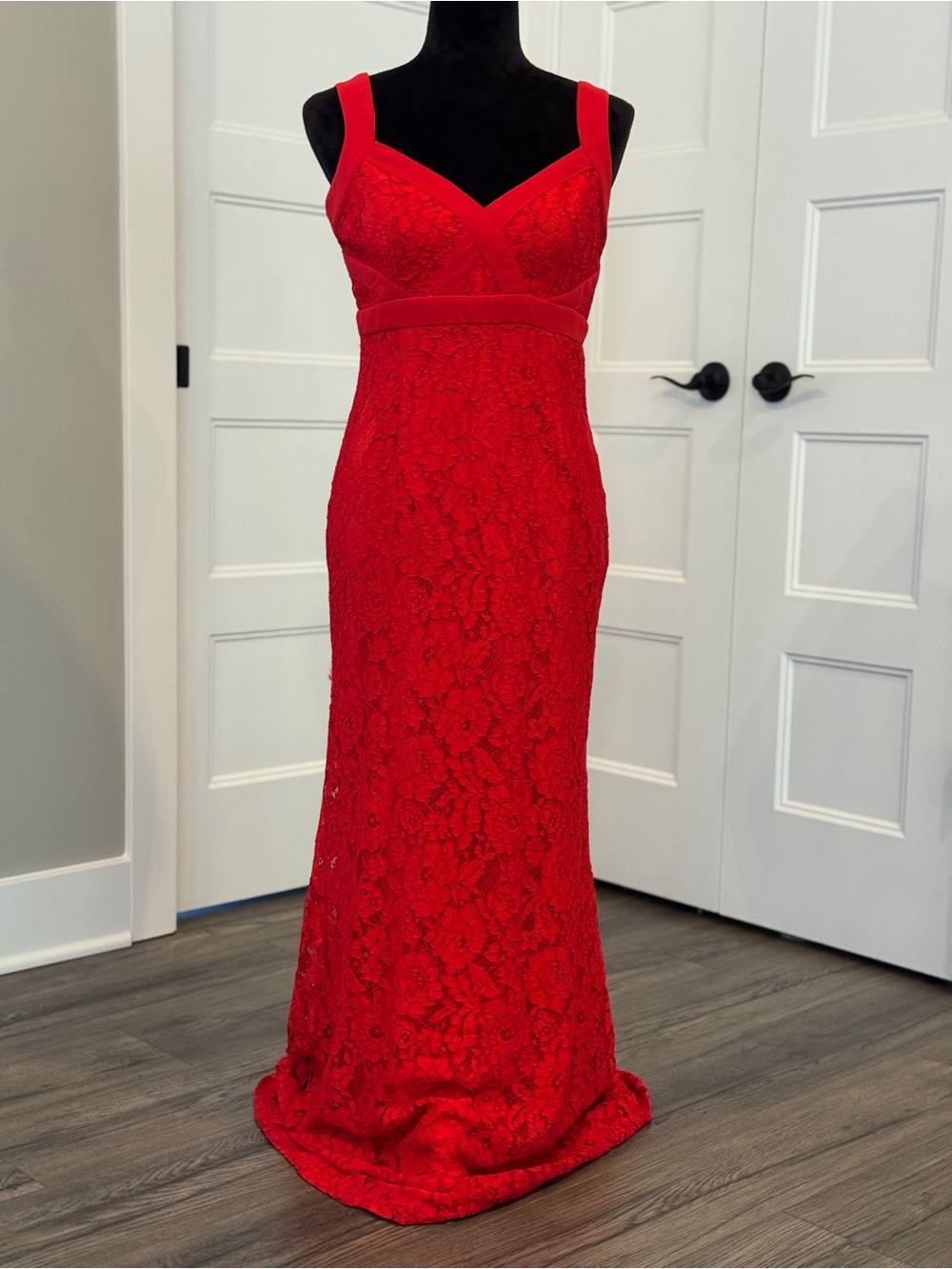 Lulu's Red Lace Maxi Dress with V-Neck and Wide Straps